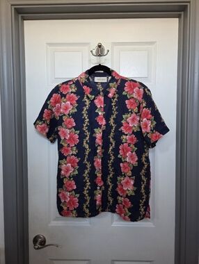 Lemon Grass Navy tropical Pink Hibiscus Linen Cotton button up shirt Summer Med.